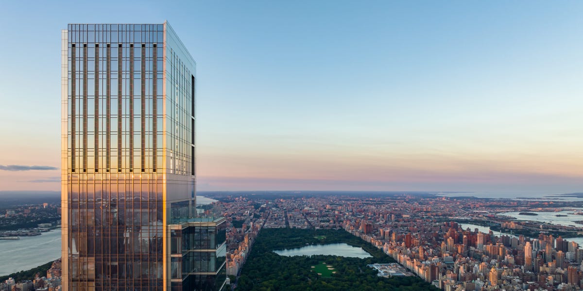 Aerial view of $295 million NYC penthouse with glass facades and outdoor terraces showcasing luxury architecture
