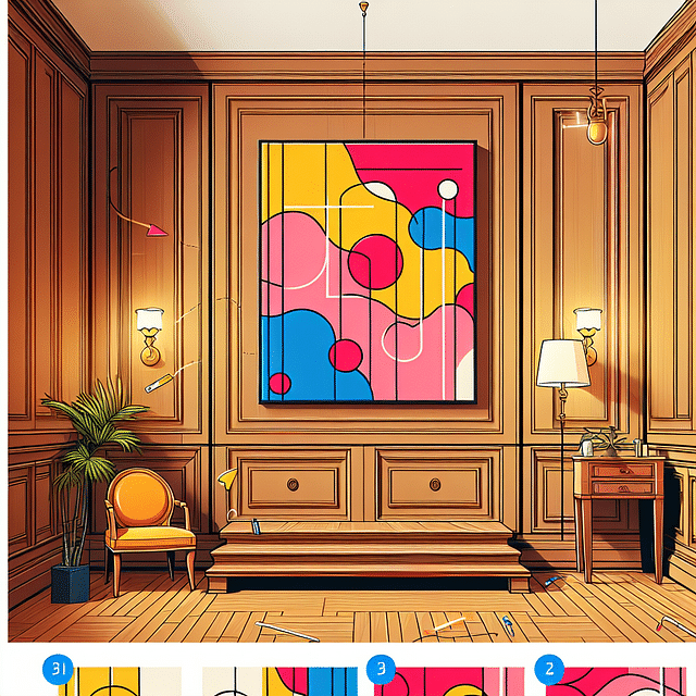 modern art in a classical wood-paneled room