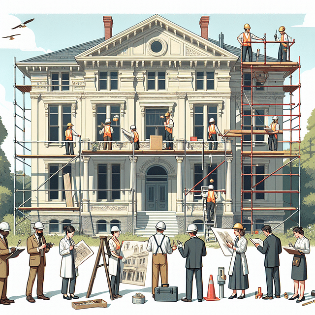 team of conservators working on mansion preservation