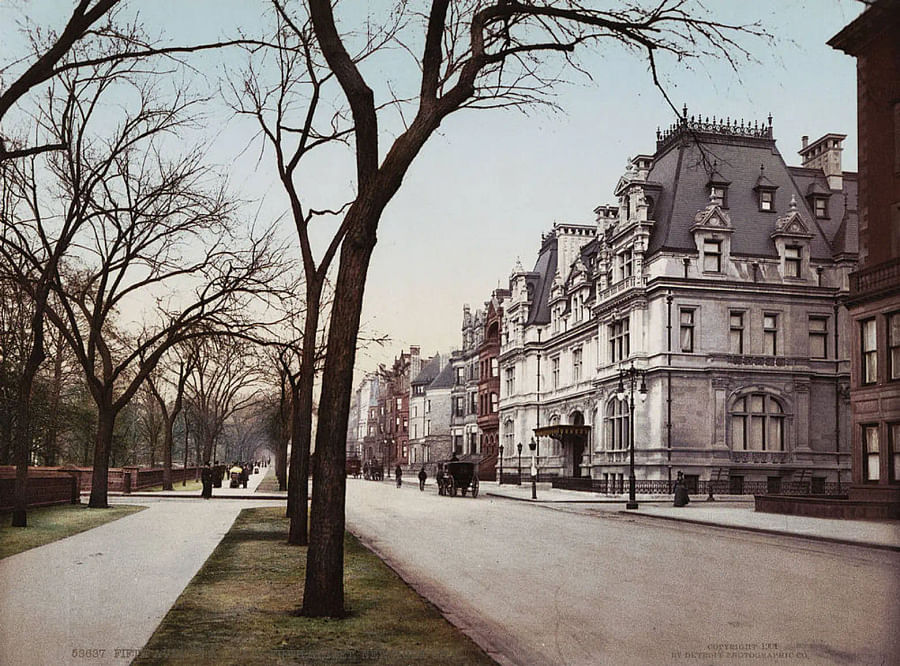 Aerial view of elegant and sophisticated mansions on Fifth Avenue