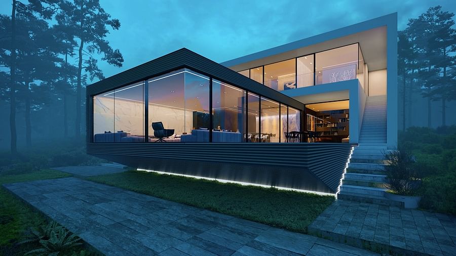 Illuminated modern mansion at night showcasing luxury and architectural design