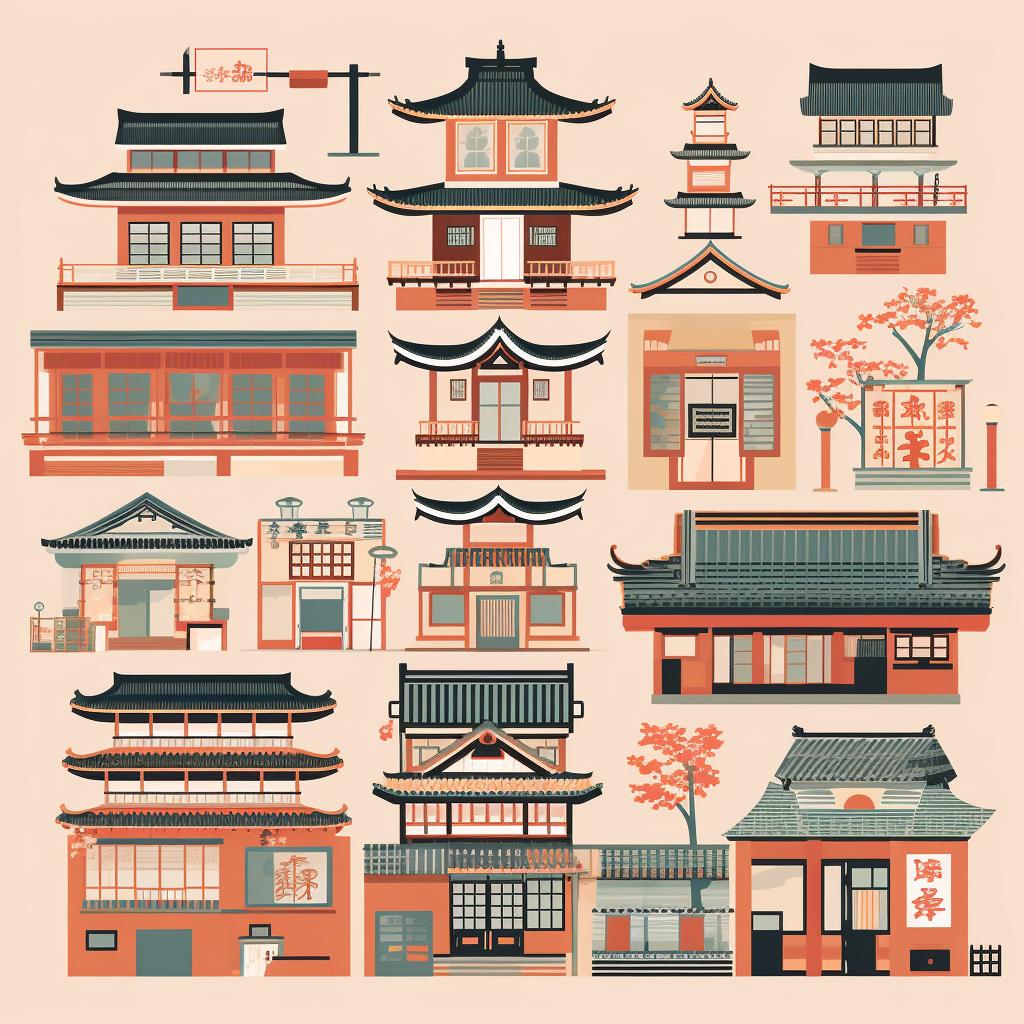 A collage of modern and traditional Japanese architectural styles